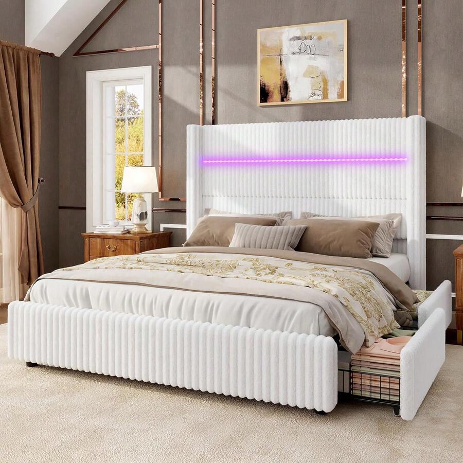 Corduroy Upholstered Storage Bed Frame With Wingback Headboard, LED Platform Bed With Charging Station - 白色 - 查看 1