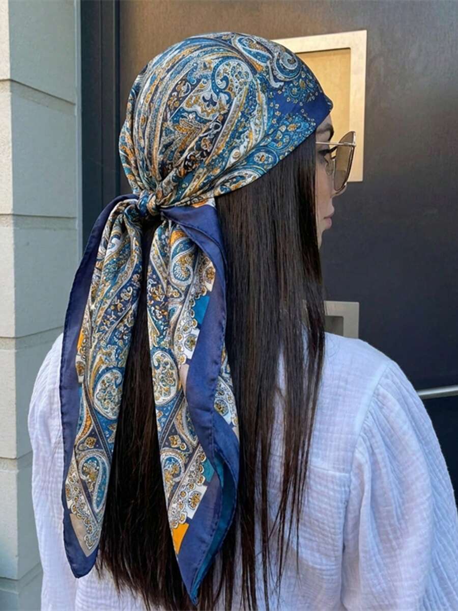 1条女士大号印花方巾，90厘米大号缎面光滑触感方巾头巾领巾 - 寶藍色 - 查看 1