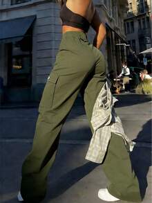 Spring Summer Women's Vintage Casual Fashionable Olive Green Side Pockets Y2K Straight Leg Cargo Pants, Retro Street Multi-Pocket Elegant And Cute Work Pants - 橄欖綠 - 查看 2