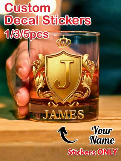1/3/5pcs, Custom Gold Name Decal Stickers, Custom Gold Monogram Decals For Whiskey Glasses And Gift Personalization, Valentine's Day Gifts, Gifts For Her, Gifts For Him, Gifts For Mom, Gifts For Friends, Home Decor, Decoration, Personalized Gifts, Custom Gifts.