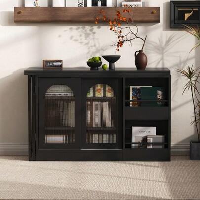 Modern Bar Table, Extendable 360° Rotatable Bar Table With Storage, Reversible Table Sideboard Bar With Glass Cabinet Door, Bar Table For Kitchen Coffee Bar Furniture, Black