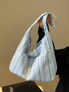 Large Capacity Women Cloth Tote Bag, Shoulder Bag, Casual Stripe Fabric Handbag - Multicolor - View 7
