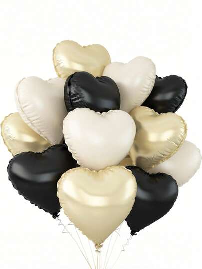 12/24pcs Black & Cream Heart Shaped Foil Balloons, 18 Inch Metallic Balloons Suitable For Wedding, Anniversary, Birthday, Engagement Party Decoration
