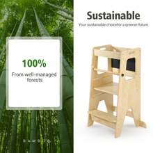 Banquito Escalera Infantil de Bambú Ajustable en 3 Alturas con Barandilla de Seguri-dad | Plataforma de Aprendizaje Antideslizante para Cocina, Baño y Área de Juego - Amarillo - Ver 5