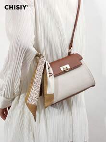 CHISIY 1pc Fashion Brown & White Patchwork Minimalist Handbag, Suitable For Business, Casual, Shopping, School, With Zipper, Shoulder Strap, Crossbody, Versatile Retro Charm, Elegant Personalized, Suitable For Any Occasion, Showcasing Unique Fashion Taste - Brown - View 3