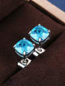 1对韩式立方氧化锆方形耳钉，百搭流行的女士饰品 - 藍色 - 查看 3