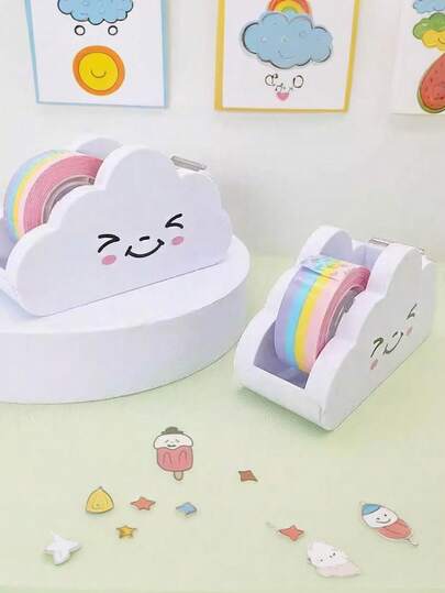一套可爱和纸胶带套装，包含装饰和纸胶带、卡哇伊和纸胶带、云朵胶带座、创意云朵胶带座和卡通胶带切割器（含彩虹胶带），适用于学校、办公用品、返校季和学习用品，办公学习用品/胶带、粘合剂和紧固件/胶带切割器