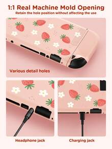 Ayotu 草莓花卉主题Switch保护壳，适用于新款Switch 2 (2025)/Switch NS/Switch OLED，无需取下即可在底座上使用，通用游戏手柄保护套，Switch游戏配件，防摔防刮，春日浪漫/返校礼物/情人节礼物 - 查看 3