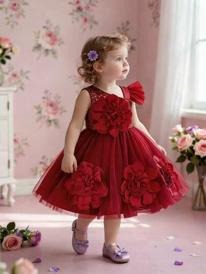 Baby Girls Sleeveless Sequin 3D Floral Mesh Cute Princess Dress, Suitable For Flower Girl, Wedding, Party, Outing, Does Not Include Headband