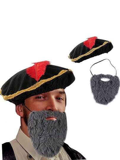 Tiger Hair Renaissance Hat, Medieval Bearded Hat, Two Pieces Set, Renaissance Costume Accessories, Perfect For Halloween, Party Costumes And Bachelor Parties, Funny Men's Party Costumes, Halloween Beard Easter Parties, Role-Playing Facial Products, Costume Games, Blackbeard