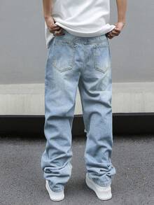 Pantalones de algodón de corte holgado para hombre con efecto desgastado y envejecido. - Azul - Ver 2