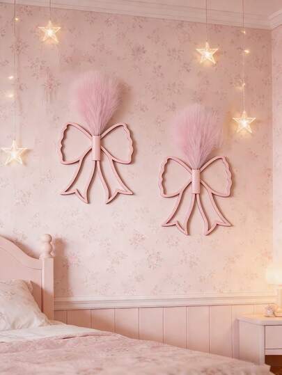 Decoración de pared con lazo rosa, colgante de pared con lazo estilo bohemio, decoración de pared de metal, adecuado para dormitorio, habitación de niños, sala de estar, baño, decoración del hogar elegante y linda