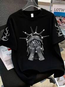 男士美式街头风自由女神像印花短袖T恤，宽松休闲街头风上衣，火焰袖口 - 黑色 - 查看 1