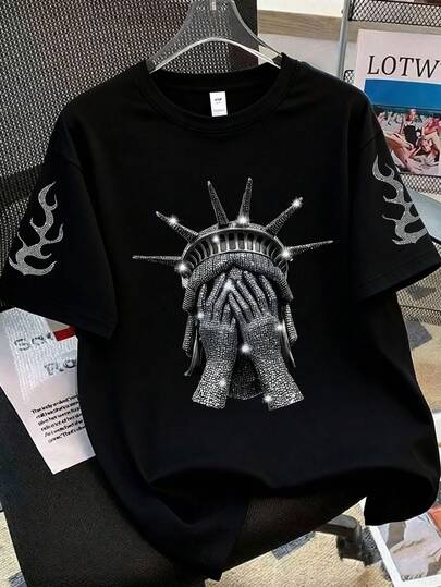 男士美式街头风自由女神像印花短袖T恤，宽松休闲街头风上衣，火焰袖口