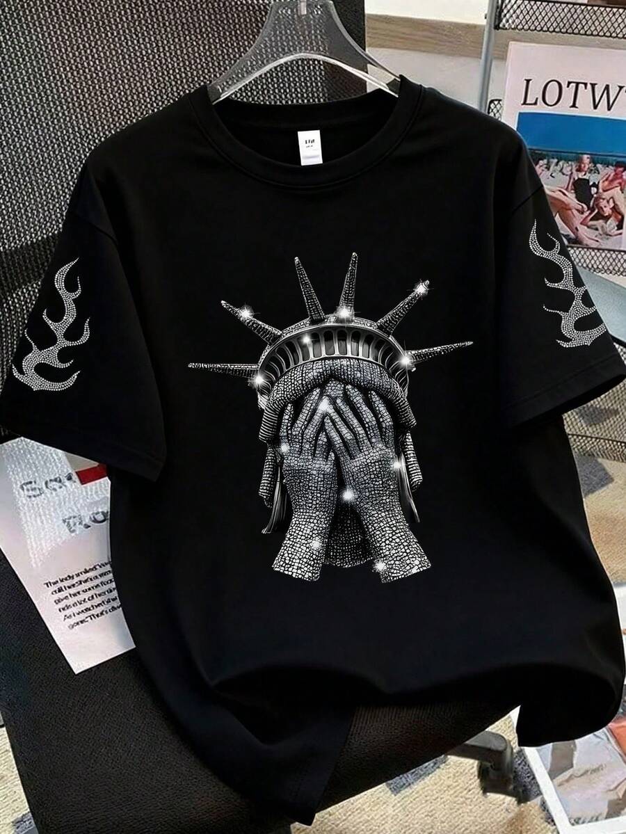 男士美式街头风自由女神像印花短袖T恤，宽松休闲街头风上衣，火焰袖口 - 黑色 - 查看 1