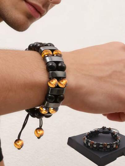 1 pieza Pulsera clásica de ojo de tigre y hematita para hombres y mujeres, pulsera trenzada de doble capa con cuentas de piedras naturales, equilibrio energético y protección, joyería vintage de curación, regalo ideal para esposo o padre
