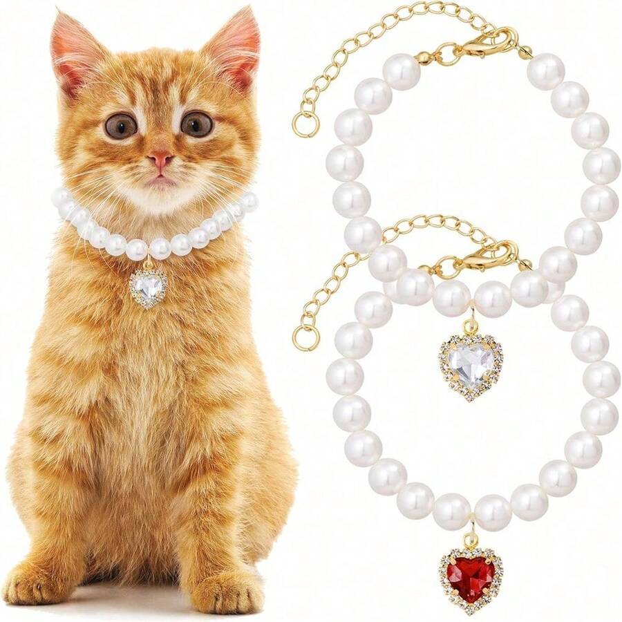 2件套仿珍珠宠物项链，可调节优雅奢华水钻吊坠，适合猫狗，时尚耐用不褪色，精致百搭宠物项圈 - 彩色 - 查看 1