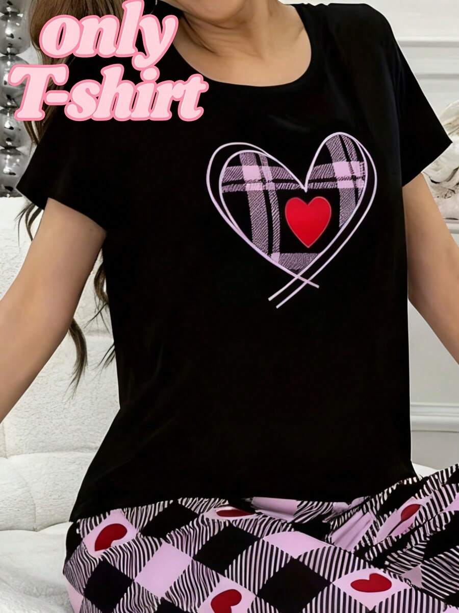 1Pc  Women'S Heart Plaid Print Lounge Sleepwear |   Short Sleeve Round Neck Tops, Comfortable Loose Fit, Casual Style For Spring/Summer/Fall   Women's Graphic Round Neck Short Sleeve Tee, Valentine St. Patrick Easter Theme, Casual Daily Wear - 黑色 - 查看 1