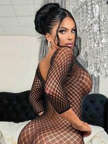 性感蕾丝连体紧身衣，均码，异域舞者服装，大码渔网袜 - 黑色 - 查看 4