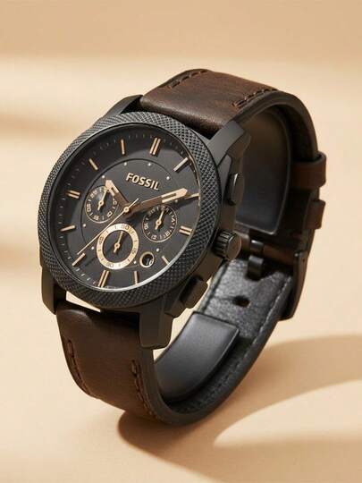 Fossil Men's Industrial Style Black Watch, Vintage Dark Brown Leather Strap, Chronograph Date Display, Large Dial Men's Wristwatch FS4656