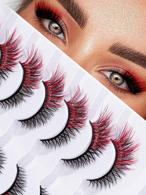 7对混色红色加长猫眼假睫毛，浓密3D立体猫眼，加长狐狸眼，仿貂毛猫眼妆效，平台热销，适合节日、派对及各种场合，4-12毫米