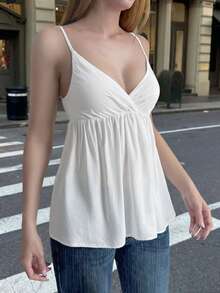 Sunny Girly Summer Women's Y2K V-Neck White Cami Top, Sexy Casual Top For Street, Commute & Loungewear - White - View 1