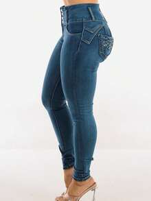 Butt Lift High Waisted Stretch Skinny Jeans Med Sand Wash - Multicolor - View 7
