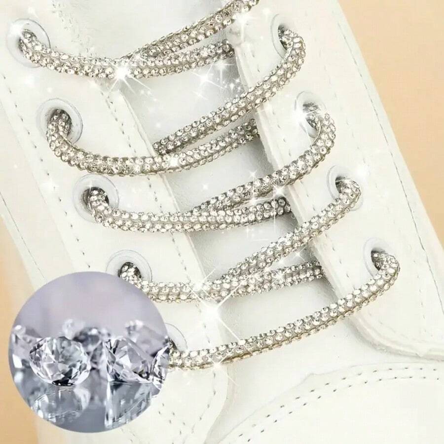 1 Pair 120cm Crystal Diamond Glitter Round Sequin Shoelaces, Suitable For Sneakers - White - View 1