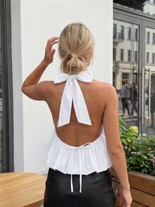 Womens Summer Halter Tops Fashionable Solid Color V Neck Backless Bubble Hem Vest - White - View 5