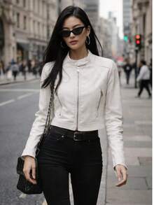 Women's Premium PU Leather Jacket, Stylish, Modern, Casual, Elegant,  Fall/Winter 2026 - 白色 - 查看 1