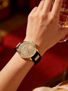 Guess 女士金色腕表，黑色硅胶表带，镶钻表圈，多功能表盘，奢华钻石石英腕表，时尚珠宝礼品 - 黃金 - 查看 2