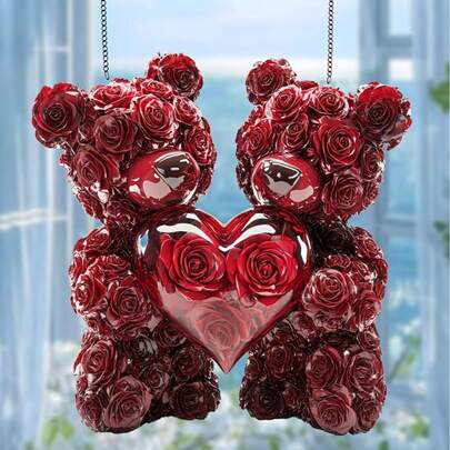 1pc 2D Acrylic Rose Bear Suncatcher, Romantic Elegant Colorful Plastic Window Art, Suitable For Home, Office, Wedding Decor, Valentine's Day, Anniversary Or Housewarming Gift