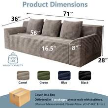 71" Love Seat Couches, Corduroy Boneless Loveseat With Deep Seats, 2 Seat Couch Apartment Size Couch With 3 Pillows&Side Pockets For Bedroom, Office, No Assembly Required - 駝斜扶手 - 查看 3
