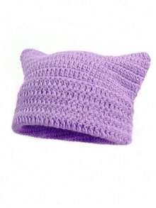 1pc Unisex Hand Knitted Cute Striped Cat Ear Beanie Hat, Autumn Winter Warm Ear Protective Handmade Striped Ski Mask Street Fashion Hip-Hop Couple Headwear - Multicolor - View 63