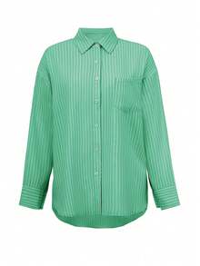 Look Polly 女士条纹长袖衬衫，单排扣休闲时尚款，秋季服装，口袋设计，返校穿搭，复古风女士条纹衬衫，圣诞节穿搭，春季服装 - 深綠色 - 查看 3