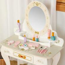 TOCADOR INFANTIL CON ESPEJO GIRATORIO 360°|Mesa de Maquillaje y Escritorio 2 en 1 para Niñas|Material Ecológico No Tóxico - Blanco - Ver 6