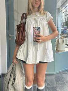 Women's Fairycore Babydoll Blouse Tops, Y2K Short Sleeve Shirt Mini Dress, Cute Solid Color Doll Collar Loose Blouses, Summer Casual Tops For Teen Girls, Streetwear, Aesthetic Clothes - trắng - Xem 2