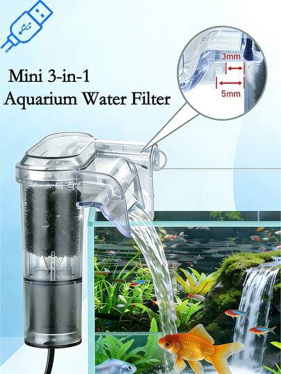 3-In-1 Mini Aquarium Wall-Mounted Waterfall Oxygen Circulation Filter Pump, With USB Universal Interface, Automatic Water Circulation Filtration System, Increases Oxygen Content In Small Aquariums, Professional Wall-Mounted Design Requires No Installation