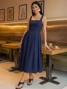 A&DD MODA,REF:MK09 - Women's Midi Dress With Elastic Straps And Pockets, Lightweight And Breathable Summer Dress Made Of Linen Fabric, Sweet And Slim Square Neckline, Sleeveless, Fitted Waist And A-Line Skirt, Suitable For Women - 藏蓝色 - 查看 4