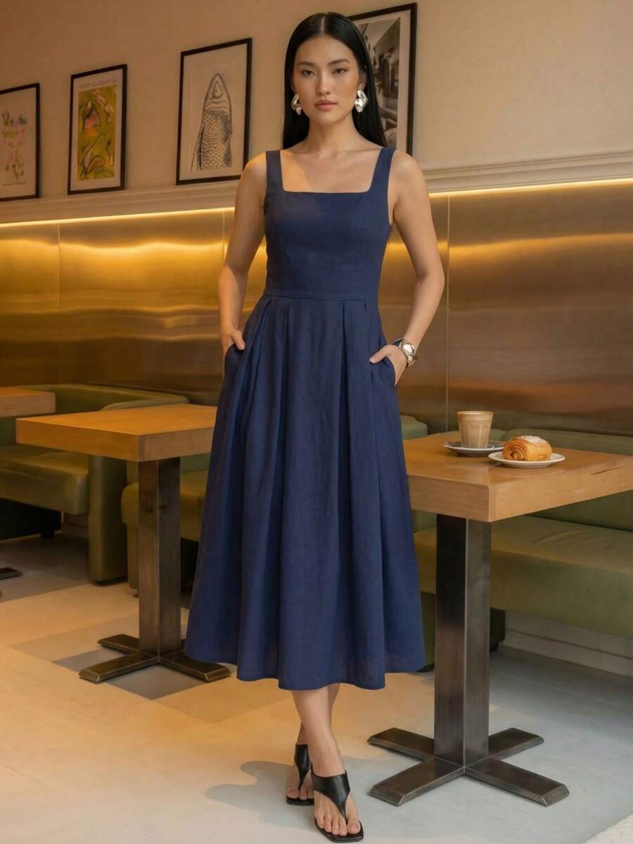A&DD MODA,REF:MK09 - Women's Midi Dress With Elastic Straps And Pockets, Lightweight And Breathable Summer Dress Made Of Linen Fabric, Sweet And Slim Square Neckline, Sleeveless, Fitted Waist And A-Line Skirt, Suitable For Women - 藏蓝色 - 查看 1