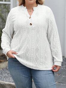 加大码新款欧美边境V领宽松短袖T恤，提花纯色女式上衣，春夏休闲白色 - 白色 - 查看 2