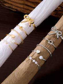 5件套清新甜美设计百搭温柔珍珠蝴蝶结开口戒指和心形戒指 - 彩色 - 查看 6