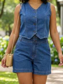 Women's Denim Set - Vest And Shorts - High Waist - Casual Summer Fashion With Covered Buttons - 中等水洗藍 - 查看 4