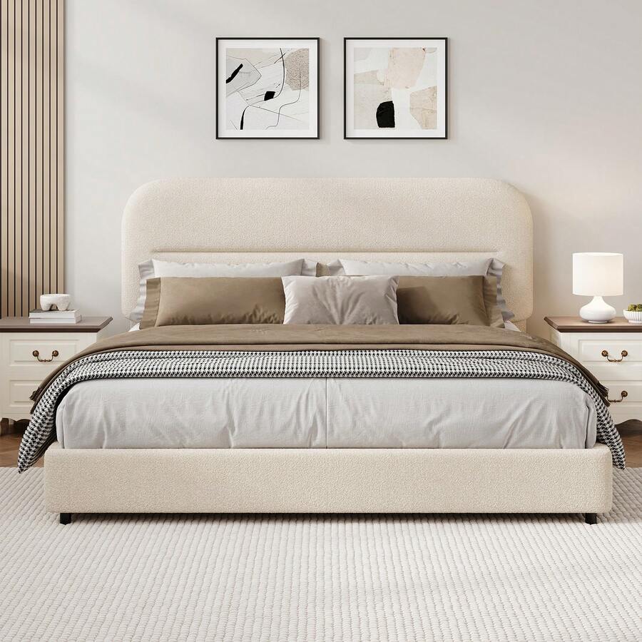 Queen Bed Frame With Headboard, Boucle Upholstered Soft Platform Bed Frame With Thickened Footboard,  Rounded Corners Design, Twin/ Full/ Queen/ King, Grey/ White/ Beige/ White/ Black - 奶油 - 查看 1