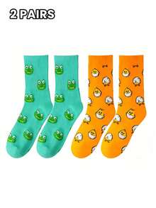 2 Pairs Frog Hatching Chick Pattern Mid-Calf Socks, Cute Cartoon Couple Socks, Breathable Moisture-Wicking - Multicolor - View 9