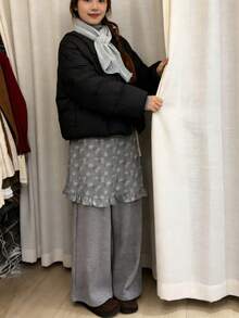 1-Piece [Y2K Light Subculture] Striped And Ruffled Pseudo-Two-Piece Pant Skirt, Layered Style, Slimming Look, Spring/Autumn, Korean Style, Girly, Cool And Cute, New Arrival, Fake Two-Way Culottes, Striped And Frilled, Leg-Lengthening Effect, Ease Of Movement, Dark And Light Tones, Women's - 灰色 - 查看 3