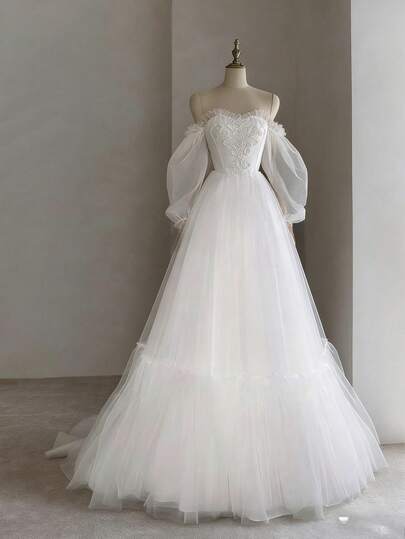 Elegant Boat Neck Wedding Dress with Exposed Shoulder Long Sleeves and Open Back in Chiffon – Sophisticated Floor-Length A-Line Gown Featuring a Graceful Wide Neckline, Full-Length Sleeves with Shoulder Cutout, Daring Backless Design, and Flowing Chiffon Silhouette, Perfect for Weddings, Christmas Galas, Halloween Balls, Formal Dances, Birthday Celebrations, and Special Evening Events. A Versatile Choice for Wedding Receptions, Holiday Parties, Anniversary Dinners, Resort Getaways, Black-Tie Occasions, Cocktail Gatherings, Bridal Showers, Wedding Guest Attire, Graduation Formals, Homecoming Events, and as a Timeless Bridesmaid or Festive Evening Gown.