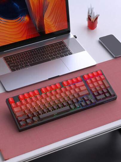 1 Pc K98Pro Three-Mode Mechanical Keyboard, Full-Key Hot-Swappable Gradient Side-Engraved Wireless RGB Gaming Keyboard, Compatible With Multiple Systems, Blue Axis Buttons, 97-Key Full-Key Conflict-Free, Gaming Mechanical Keyboard