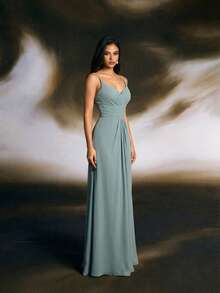 Smilprince Fashionable Long Chiffon Bridesmaid Dress, Sleeveless Spaghetti Strap Backless Design, Non-Stretch Fabric - Grey - View 4