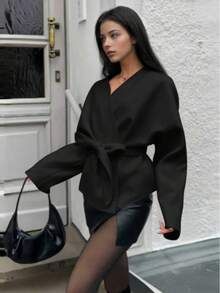 秋冬女士休闲羊毛和服式英伦复古V领系带开衫外套 黑色 - 黑色 - 查看 2